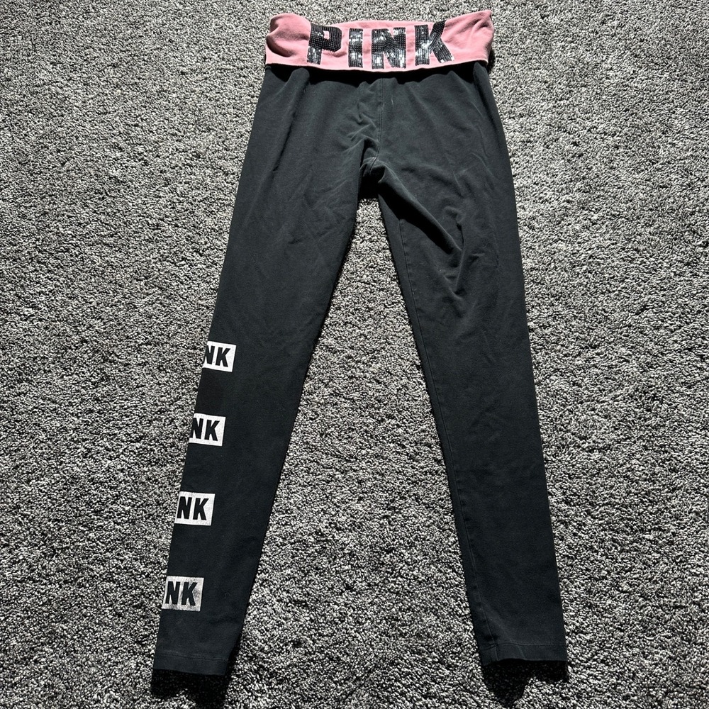 Y2K Pink Pants Womens Small Black Foldover Yoga Leggings Sequin Logo Stretch